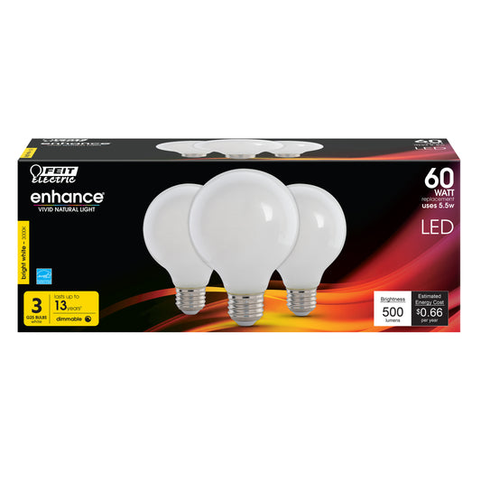 5.5W (60W Replacement) E26 Base Bright White (3000K) G25 Dimmable Frost Filament LED Light Bulb (3-Pack)