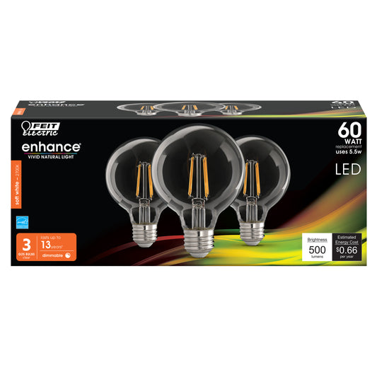 5.5W (60W Replacement) G25 Soft White Dimmable Enhance Glass Filament Globe LED (3-Pack)