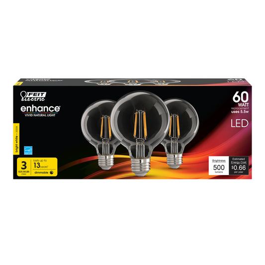 5.5W (60W Replacement) G25 Bright White Dimmable Enhance Glass Filament Globe LED (3-Pack)