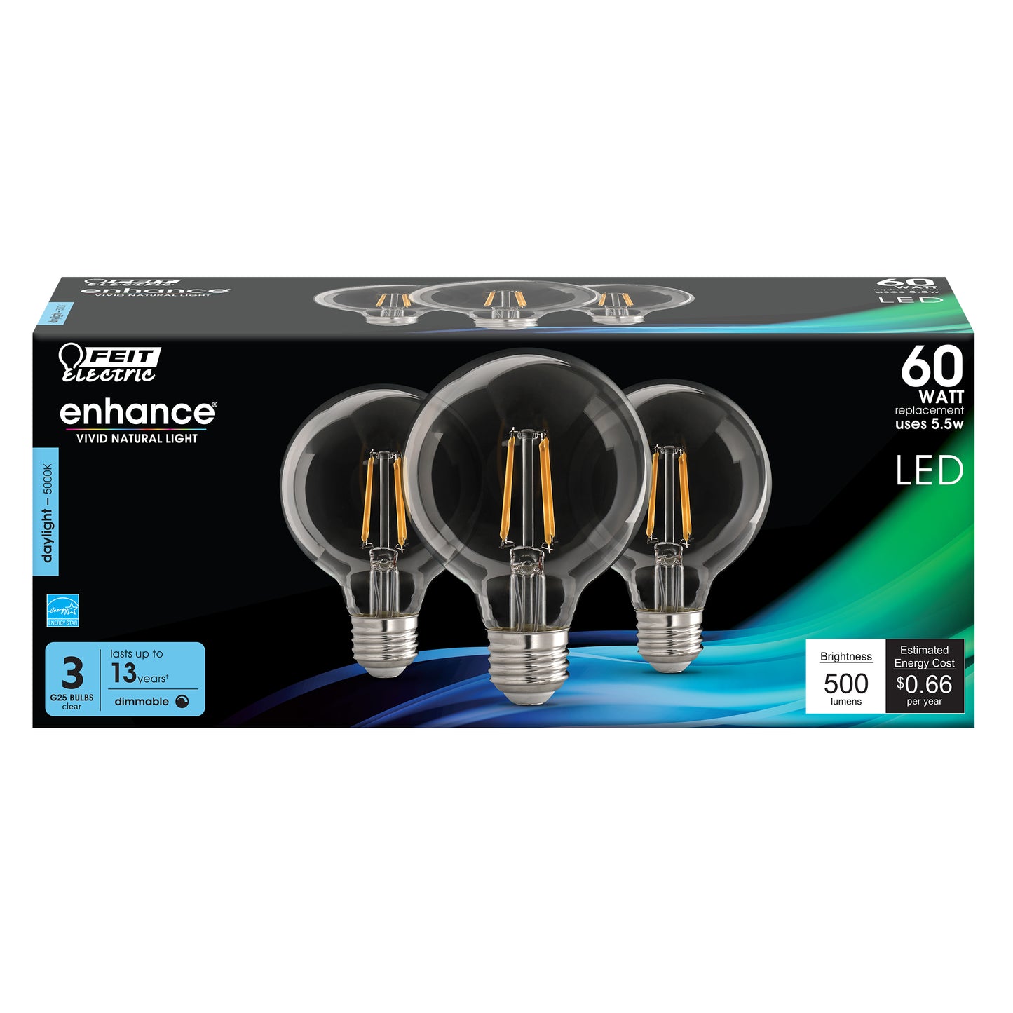 5.5W (60W Replacement) Daylight (5000K) G25 E26 Base Dimmable Enhance Glass Filament Globe LED (3-Pack)