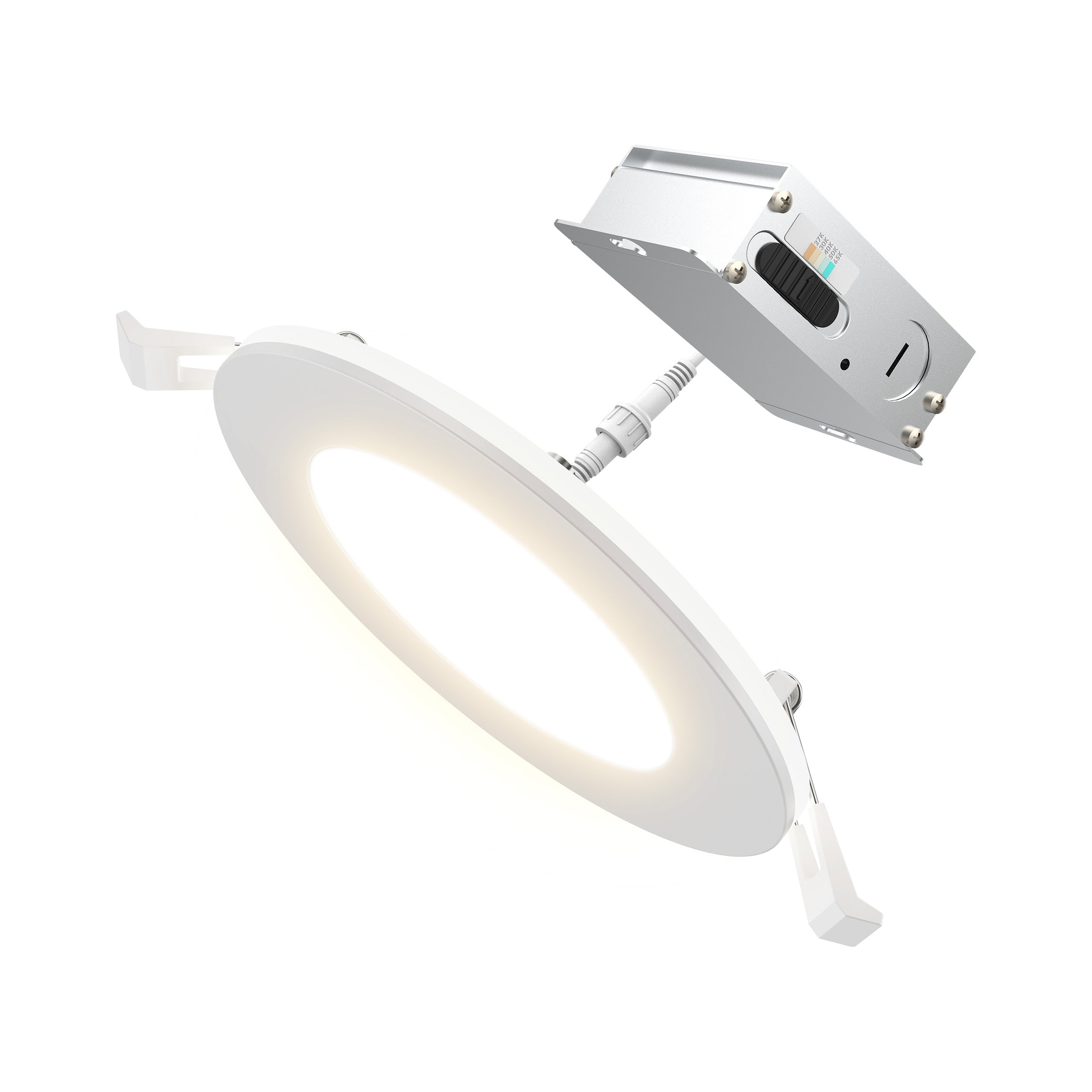 Downlight fixture with Jbox and mounting bracket on a white 