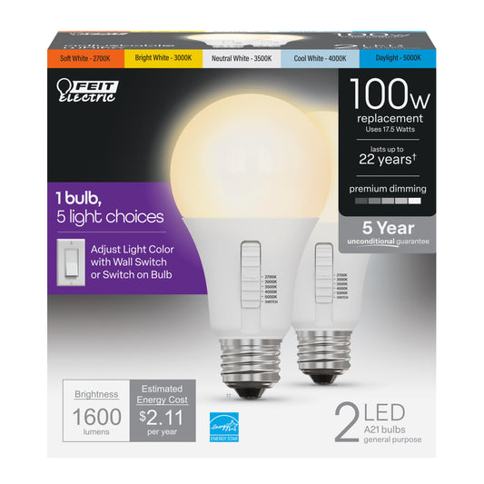 17.5W (100W Equivalent) Selectable White (5CCT) Dimmable LED Light Bulb (2-Pack)