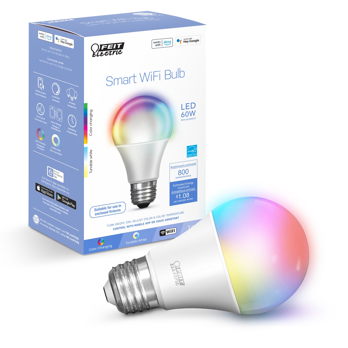 9W (60W Replacement) Color Changing RGBW A19 Alexa Google Smart Wi-Fi Bulb