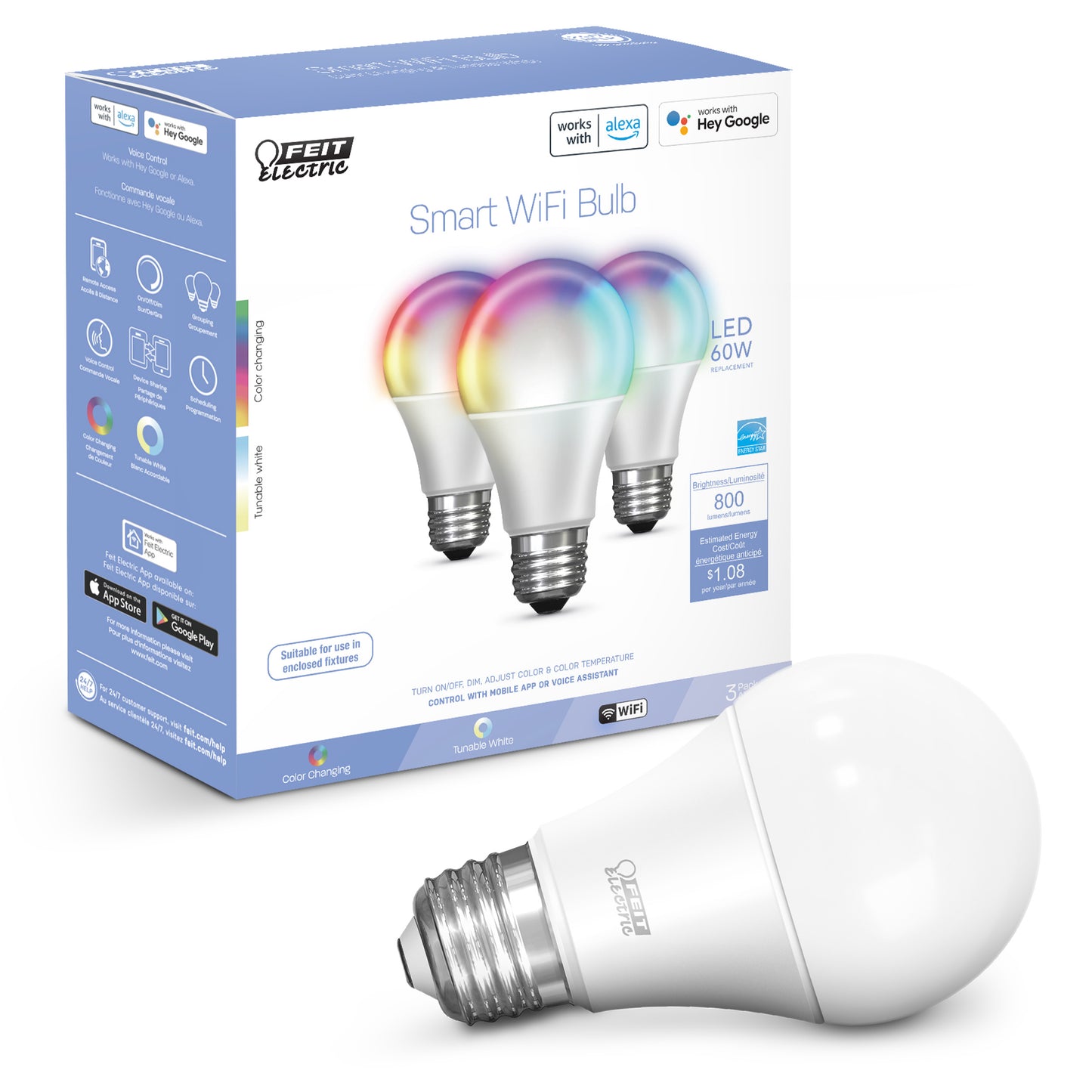 9W (60W Replacement) Color Changing A19 Dimmable Alexa Google Smart Wi-Fi Bulb (3-Pack)