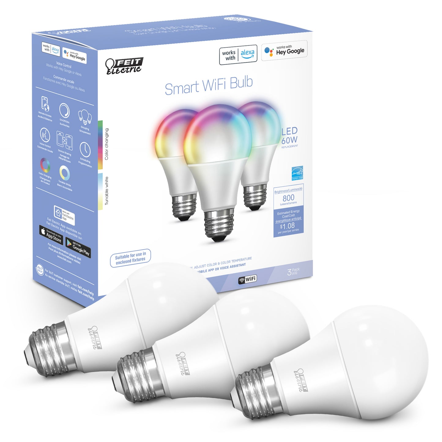 9W (60W Replacement) Color Changing A19 Dimmable Alexa Google Smart Wi-Fi Bulb (3-Pack)