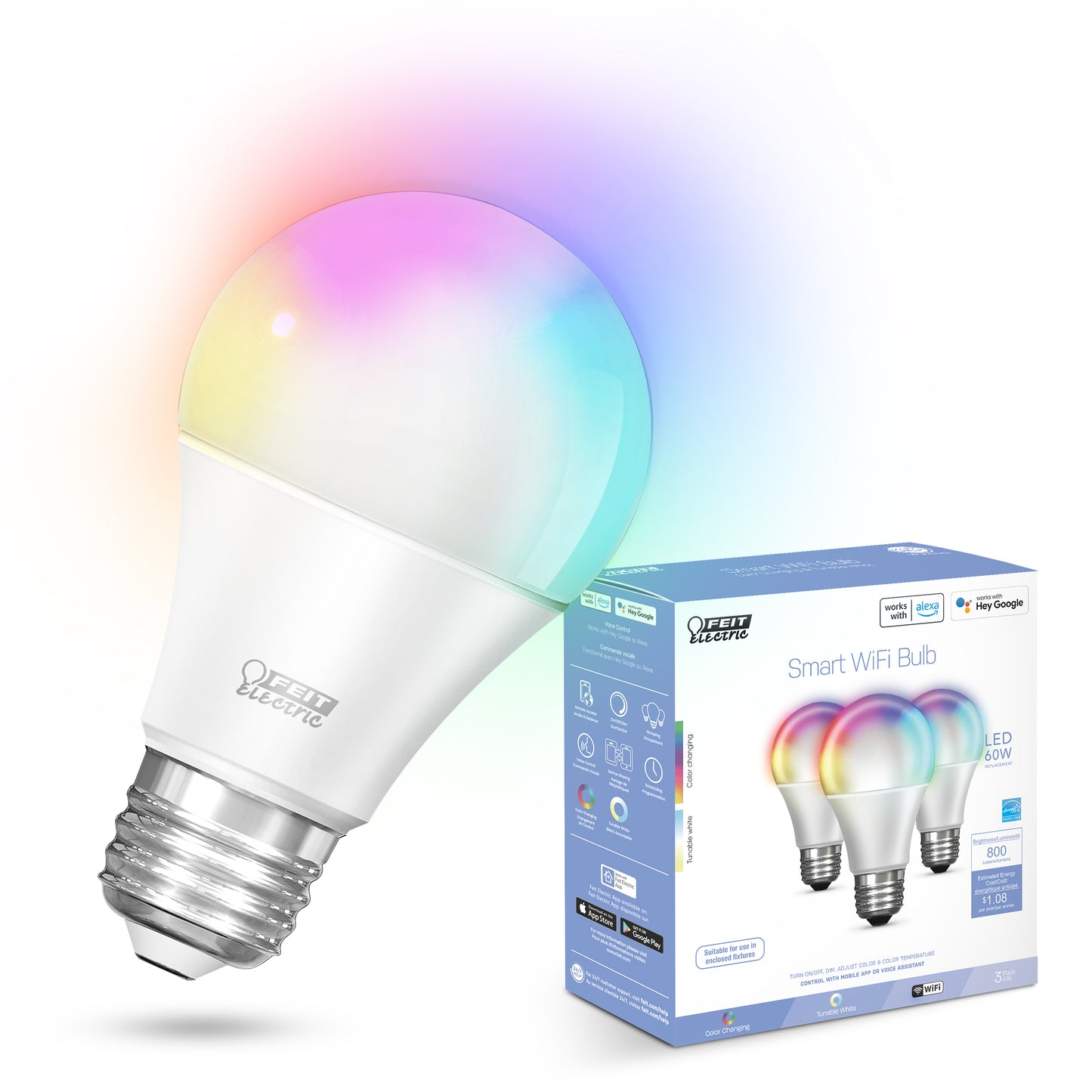 9W (60W Replacement) Color Changing A19 Dimmable Alexa Google Smart Wi-Fi Bulb (3-Pack)