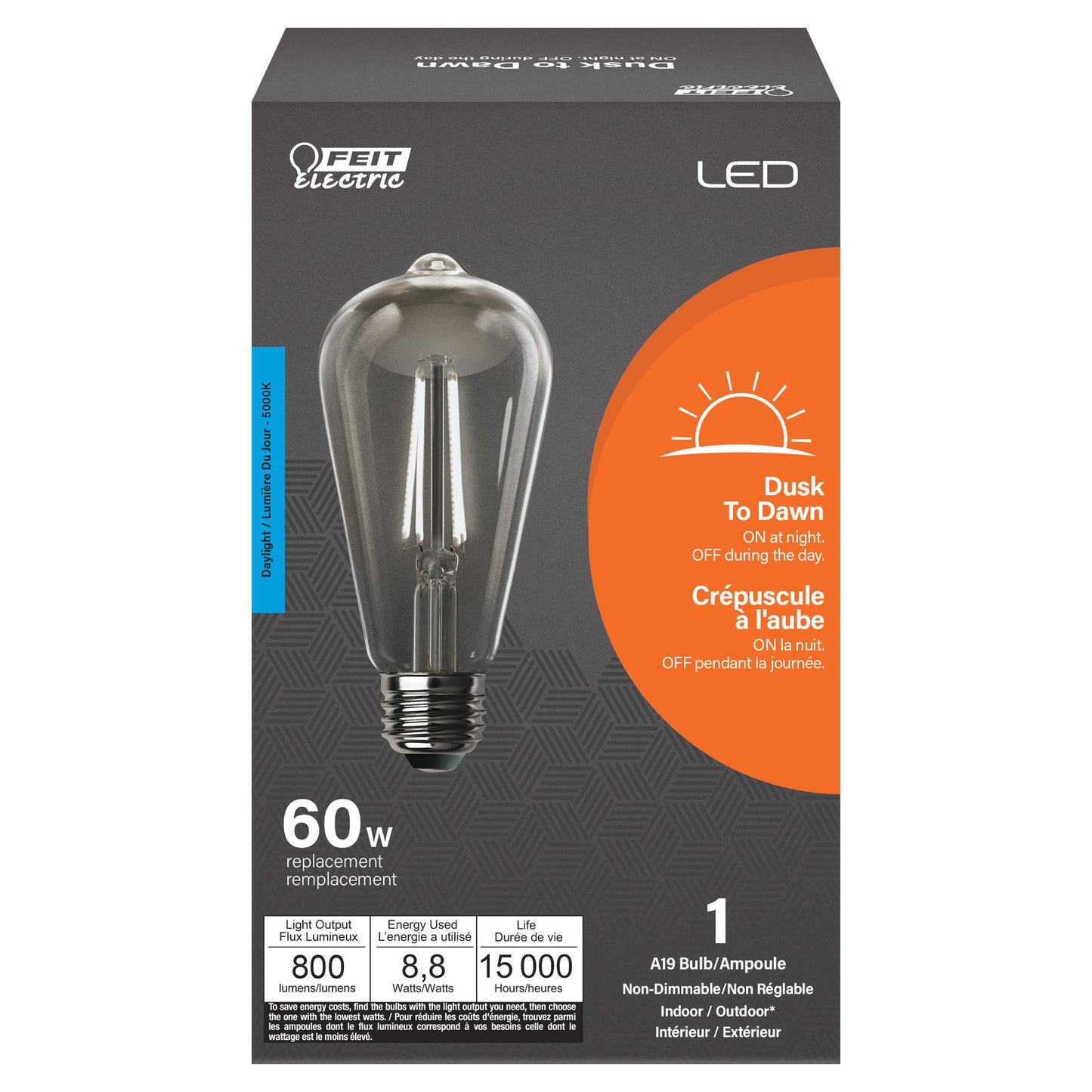 8.8W (60W Replacement) Daylight (5000K) E26 Base ST19 Dusk to Dawn Filament LED Light Bulb