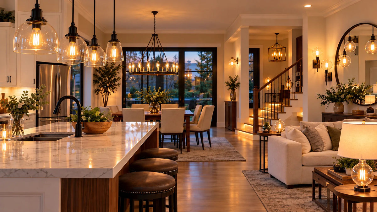 A warm, modern open-concept living space with a large kitchen island, pendant lights, dining area, staircase, and a white sofa in the living room.