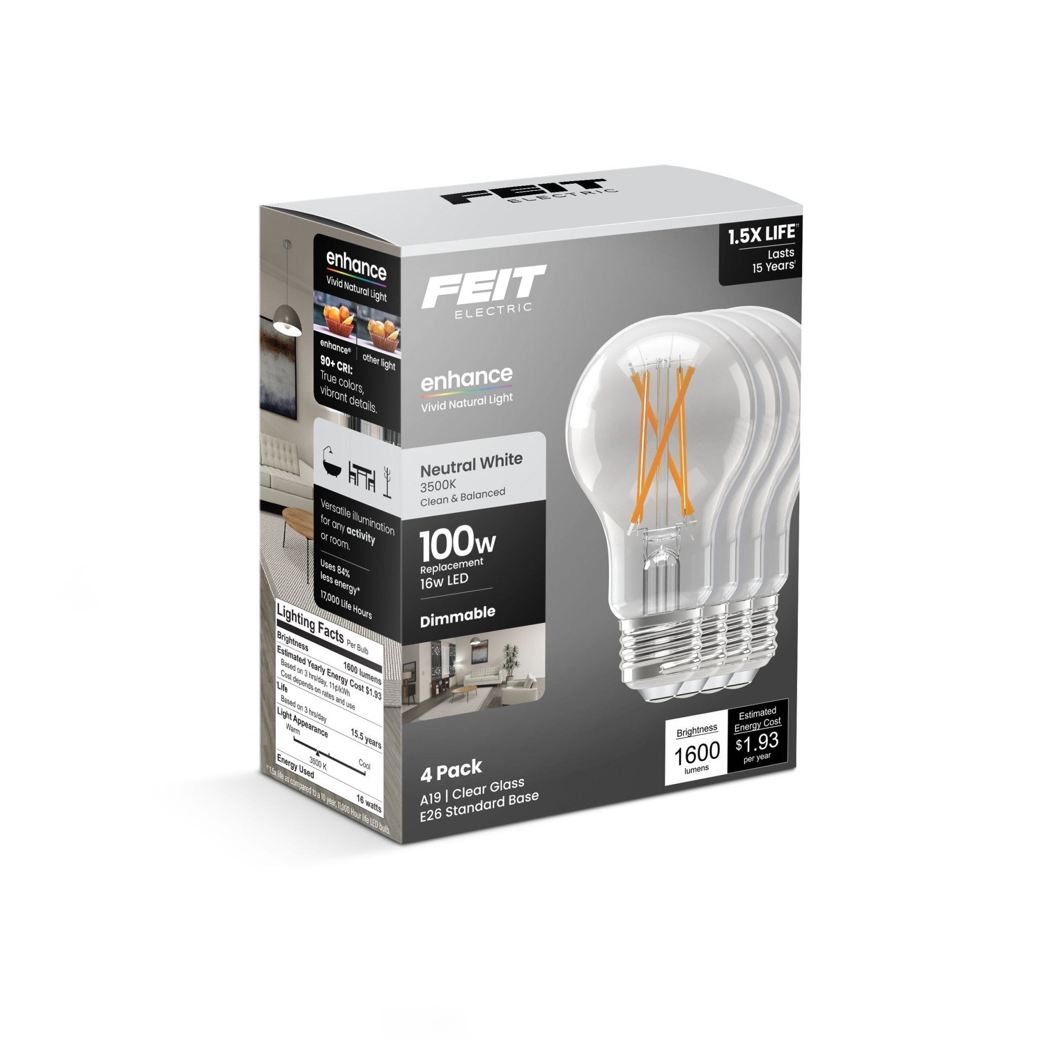 Feit Electric A19 Clear LED Bulb 100 Watt Replacement Neutral White 3500K E26 Base Dimmable 4 Pack - Worldwide Electric Supplies