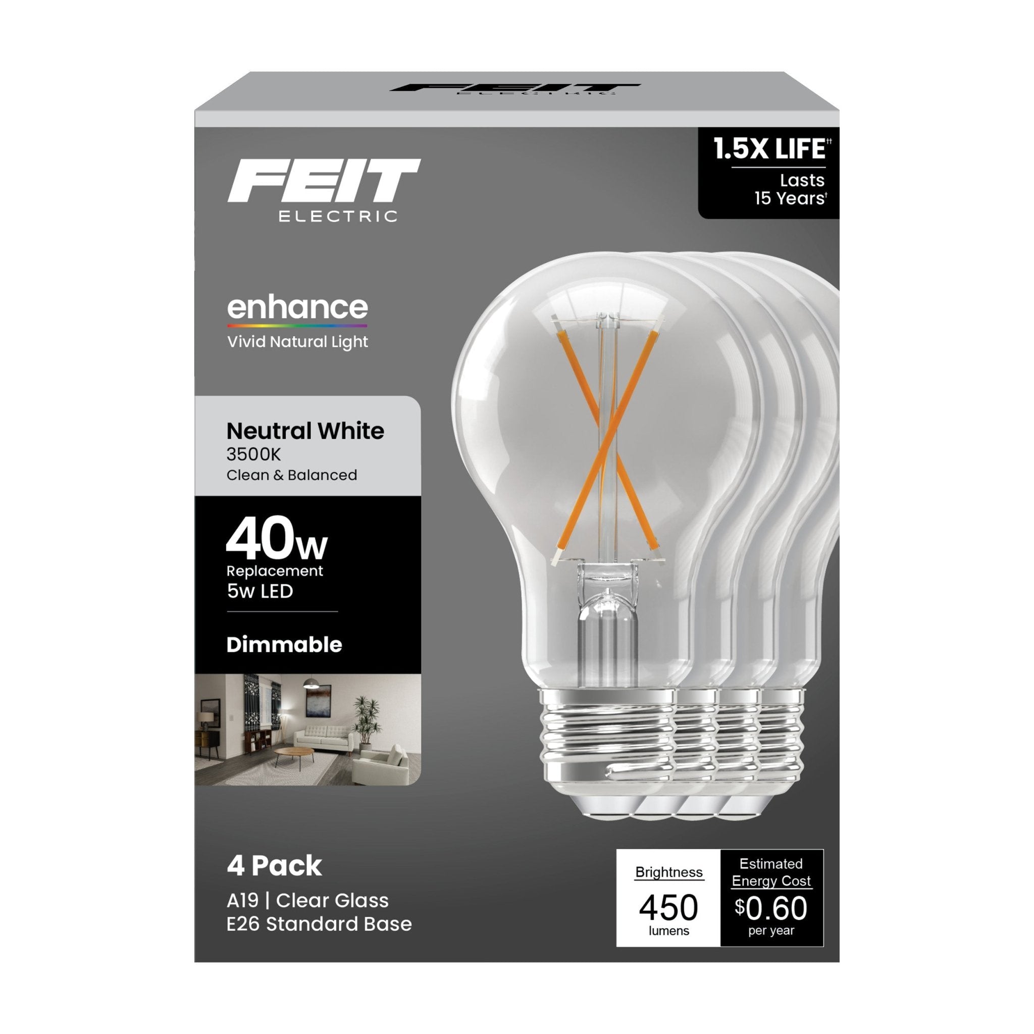 Feit Electric A19 Clear LED Bulb 40 Watt Replacement Neutral White 3500K E26 Base Dimmable 4 Pack - Worldwide Electric Supplies