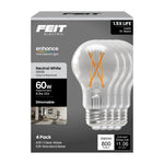 Feit Electric A19 Clear LED Bulb 60 Watt Replacement Neutral White 3500K E26 Base Dimmable 4 Pack - Worldwide Electric Supplies