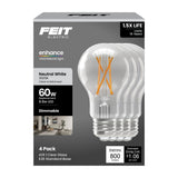Feit Electric A19 Clear LED Bulb 60 Watt Replacement Neutral White 3500K E26 Base Dimmable 4 Pack - Worldwide Electric Supplies