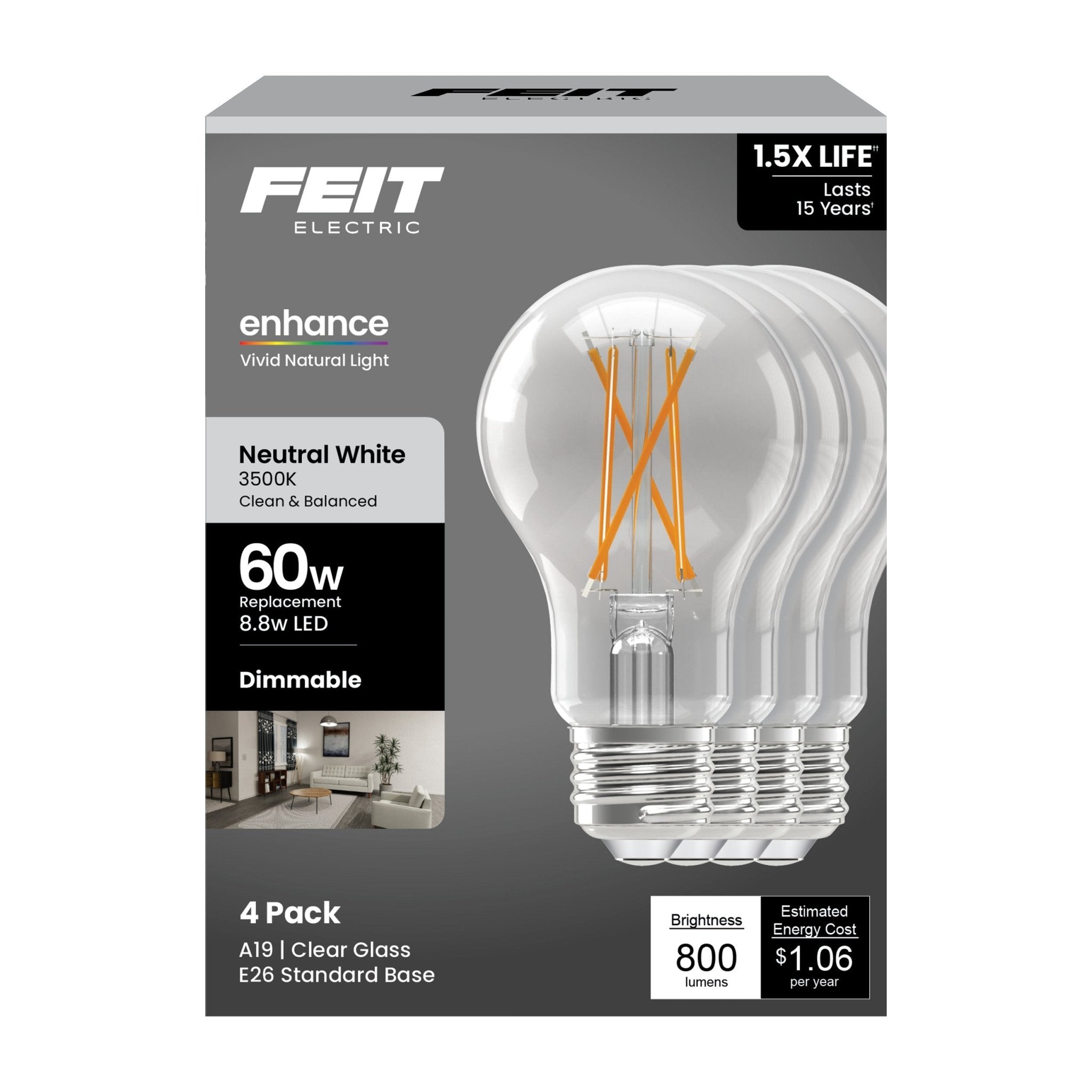 Feit Electric A19 Clear LED Bulb 60 Watt Replacement Neutral White 3500K E26 Base Dimmable 4 Pack - Worldwide Electric Supplies