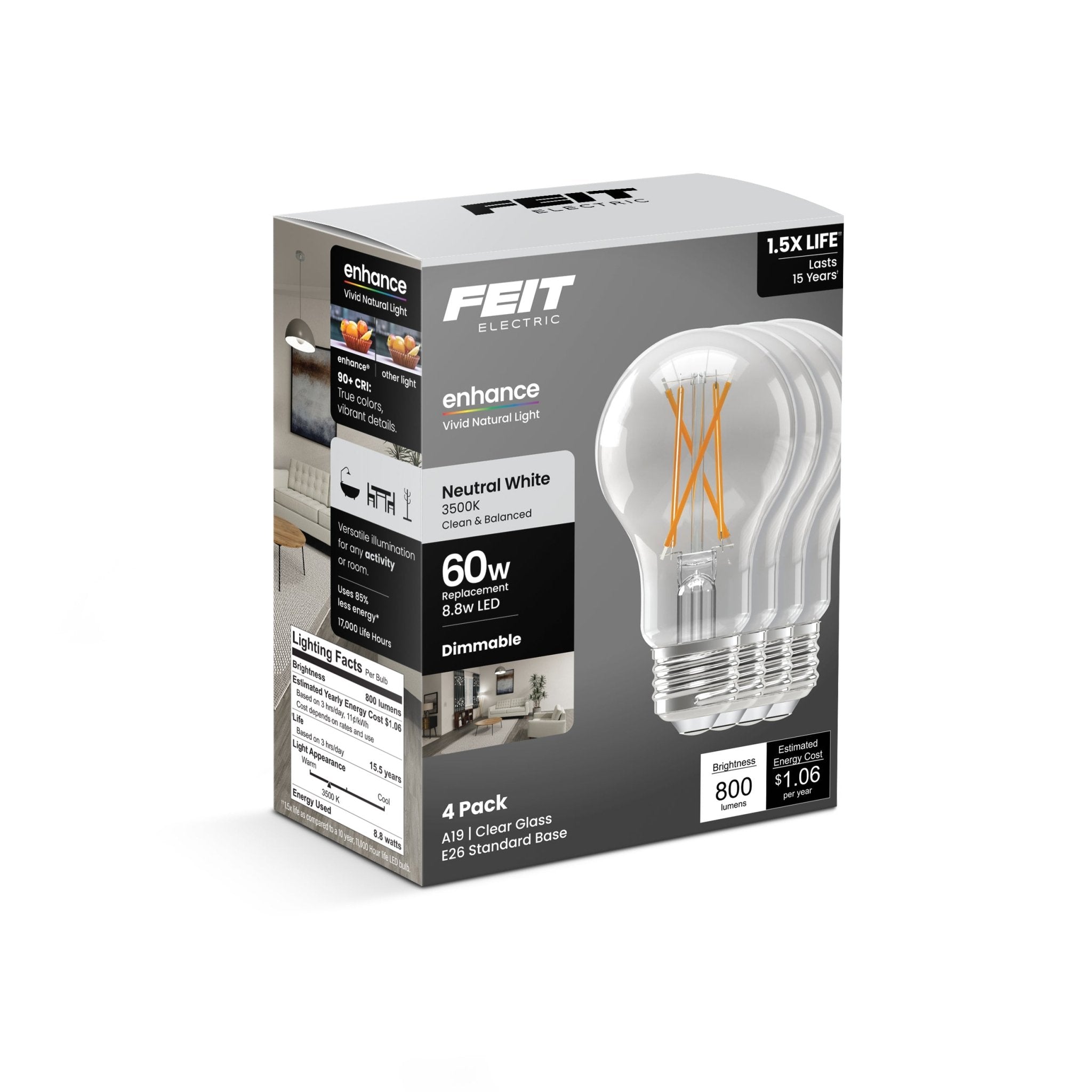 Feit Electric A19 Clear LED Bulb 60 Watt Replacement Neutral White 3500K E26 Base Dimmable 4 Pack - Worldwide Electric Supplies