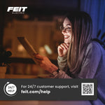 Feit Electric 24/7 customer support at feit.com/help, with a QR code and a women using a tablet.