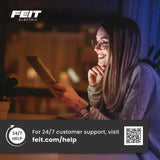 Feit Electric 24/7 customer support at feit.com/help, with a QR code and a women using a tablet.