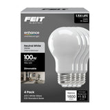 Feit Electric A19 Frost LED Bulb 100 Watt Replacement Neutral White 3500K E26 Base Dimmable 4 Pack - Worldwide Electric Supplies