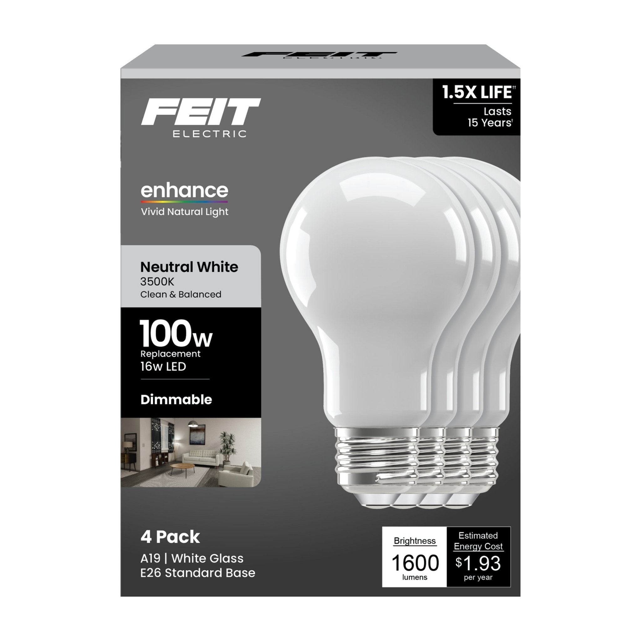 Feit Electric A19 Frost LED Bulb 100 Watt Replacement Neutral White 3500K E26 Base Dimmable 4 Pack - Worldwide Electric Supplies