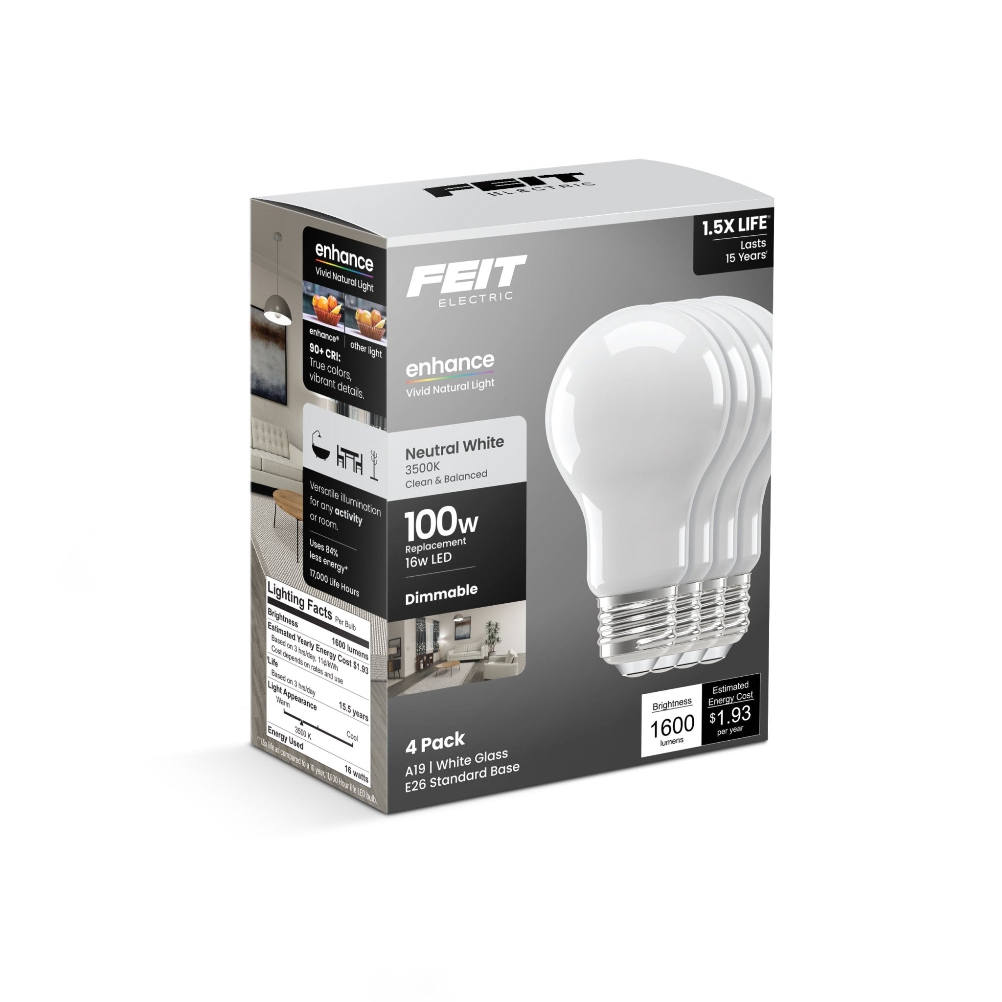 Feit Electric A19 Frost LED Bulb 100 Watt Replacement Neutral White 3500K E26 Base Dimmable 4 Pack - Worldwide Electric Supplies