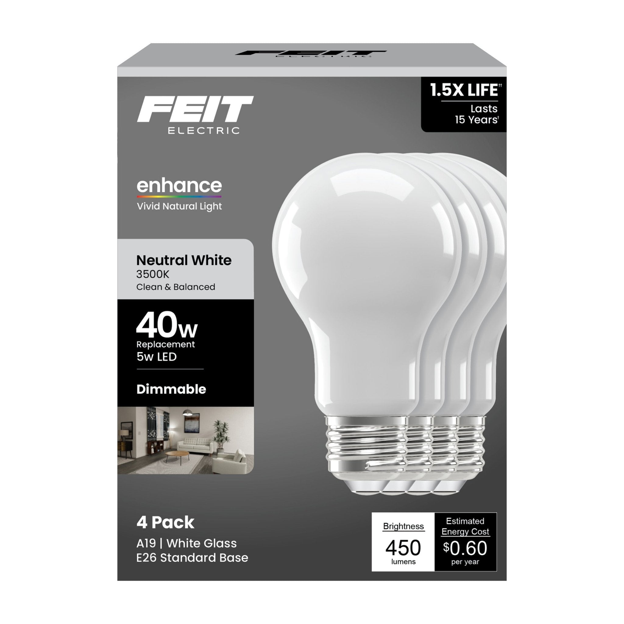 Feit Electric A19 Frost LED Bulb 40 Watt Replacement Neutral White 3500K E26 Dimmable 4 Pack - Worldwide Electric Supplies