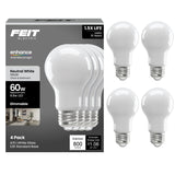 Feit Electric A19 Frost LED Bulb 60 Watt Replacement Neutral White 3500K E26 Base Dimmable 4 Pack - Worldwide Electric Supplies