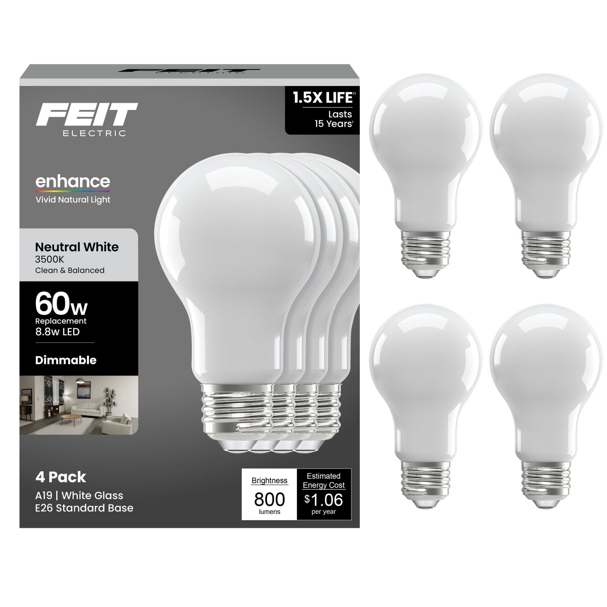 Feit Electric A19 Frost LED Bulb 60 Watt Replacement Neutral White 3500K E26 Base Dimmable 4 Pack - Worldwide Electric Supplies