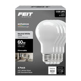 Feit Electric A19 Frost LED Bulb 60 Watt Replacement Neutral White 3500K E26 Base Dimmable 4 Pack - Worldwide Electric Supplies