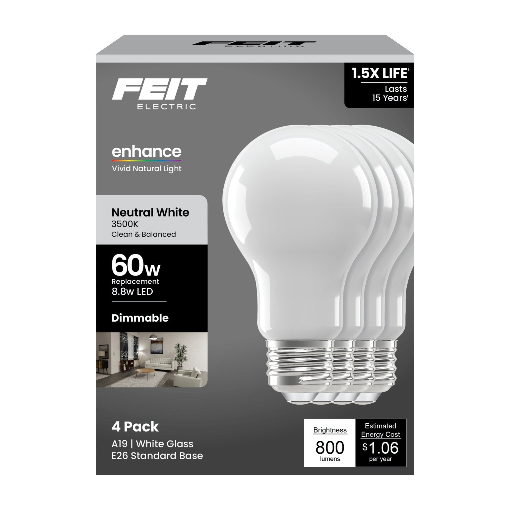 Feit Electric A19 Frost LED Bulb 60 Watt Replacement Neutral White 3500K E26 Base Dimmable 4 Pack - Worldwide Electric Supplies
