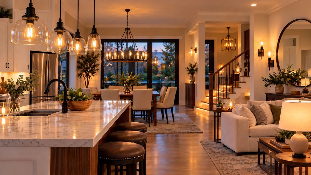 A warm, modern open-concept living space with a large kitchen island, pendant lights, dining area, staircase, and a white sofa in the living room.